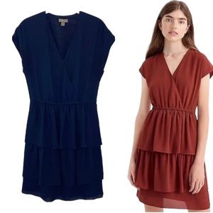 J Crew Point Sur Tiered Ruffle Chiffon Mini Dress V-Neck Navy Blue Size 12 NWT